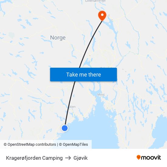 Kragerøfjorden Camping to Gjøvik map