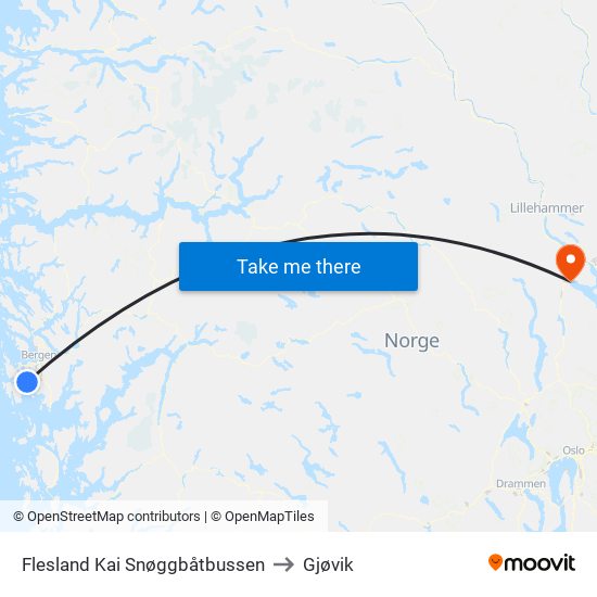 Flesland Kai Snøggbåtbussen to Gjøvik map