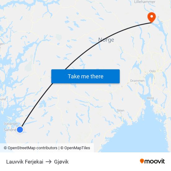 Lauvvik Ferjekai to Gjøvik map