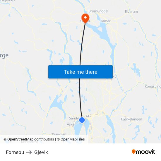 Fornebu to Gjøvik map