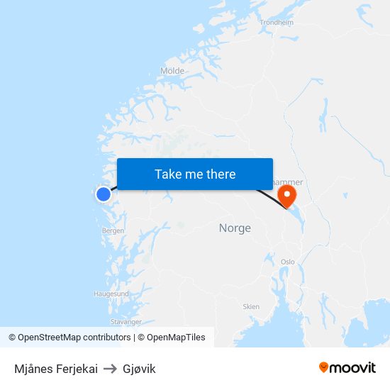 Mjånes Ferjekai to Gjøvik map