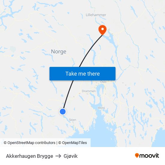 Akkerhaugen Brygge to Gjøvik map
