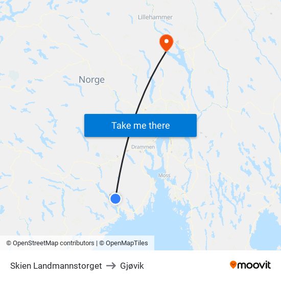 Skien Landmannstorget to Gjøvik map