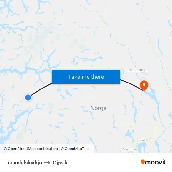 Raundalskyrkja to Gjøvik map