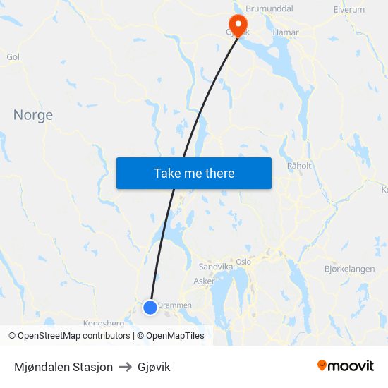 Mjøndalen Stasjon to Gjøvik map