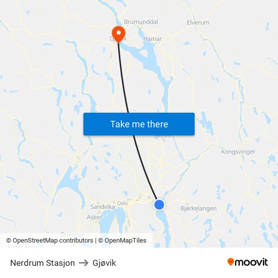 Nerdrum Stasjon to Gjøvik map