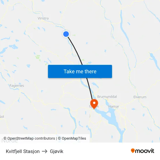 Kvitfjell Stasjon to Gjøvik map