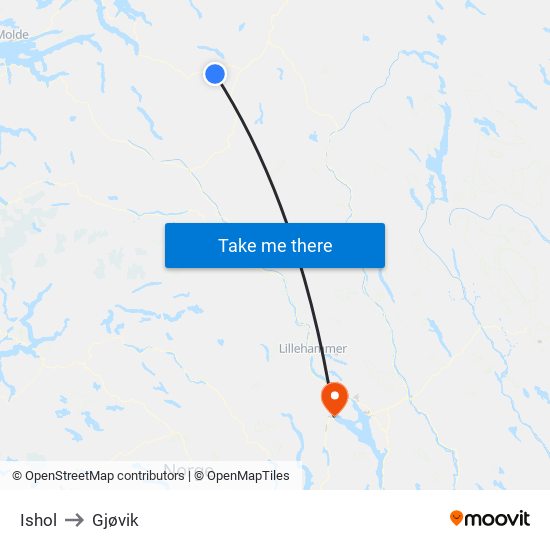 Ishol to Gjøvik map