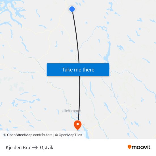 Kjelden Bru to Gjøvik map