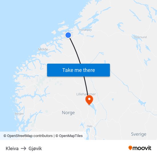 Kleiva to Gjøvik map