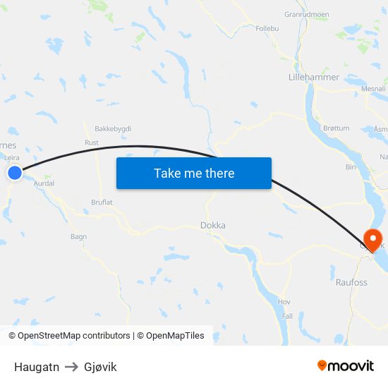 Haugatn to Gjøvik map