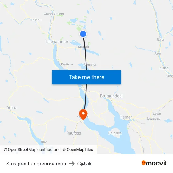 Sjusjøen Langrennsarena to Gjøvik map