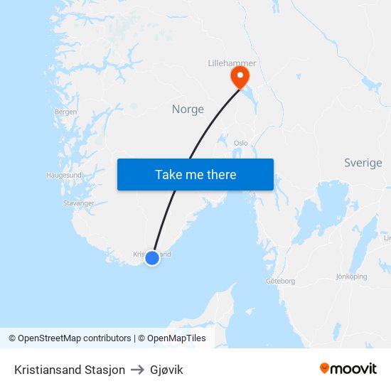 Kristiansand Stasjon to Gjøvik map