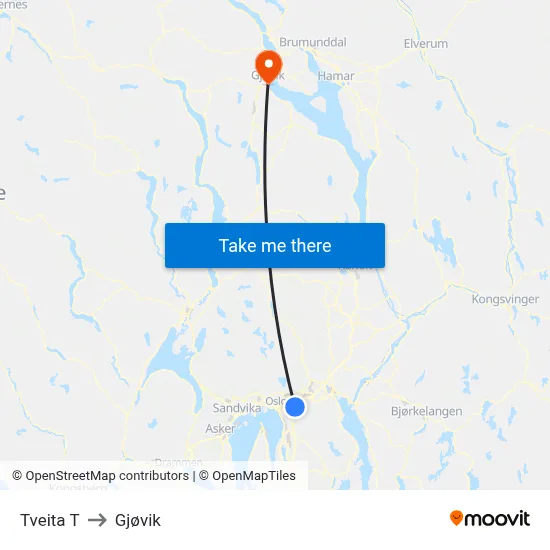 Tveita T to Gjøvik map