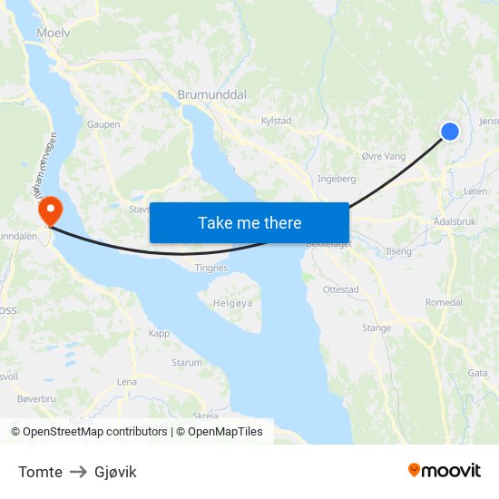 Tomte to Gjøvik map