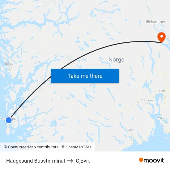 Haugesund Bussterminal to Gjøvik map