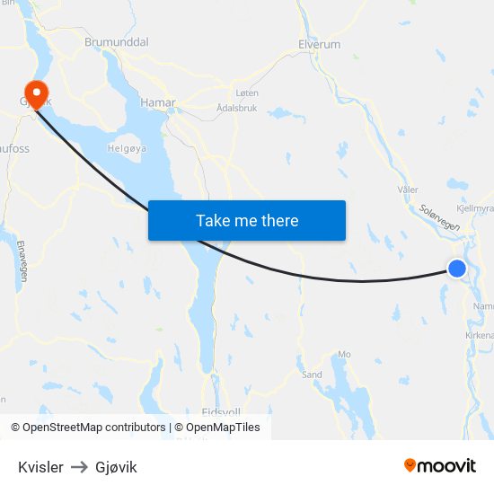 Kvisler to Gjøvik map