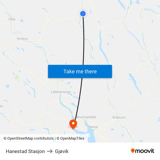 Hanestad Stasjon to Gjøvik map