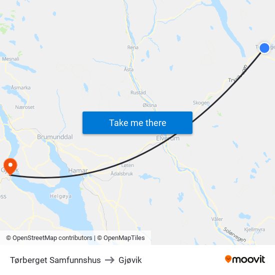 Tørberget Samfunnshus to Gjøvik map