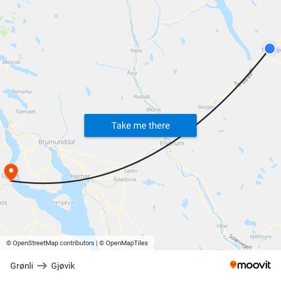 Grønli to Gjøvik map