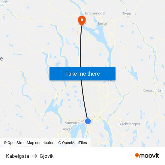 Kabelgata to Gjøvik map