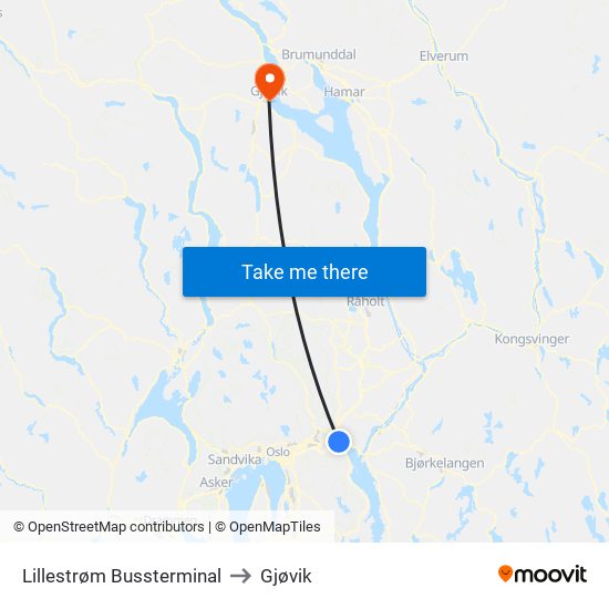 Lillestrøm Bussterminal to Gjøvik map