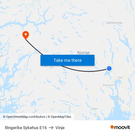 Ringerike Sykehus E16 to Vinje map