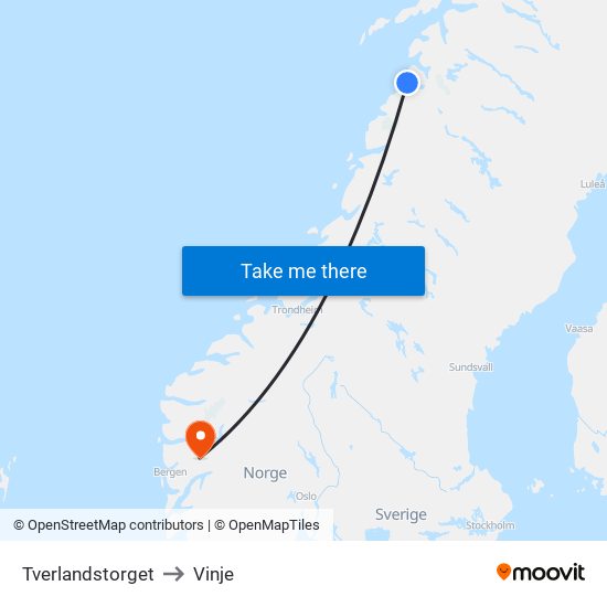 Tverlandstorget to Vinje map