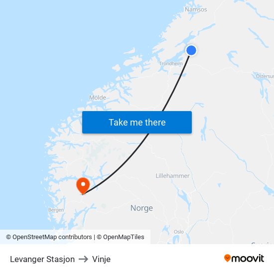 Levanger Stasjon to Vinje map