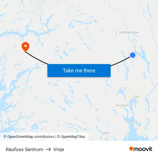 Raufoss Sentrum to Vinje map