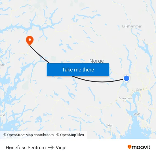 Hønefoss Sentrum to Vinje map