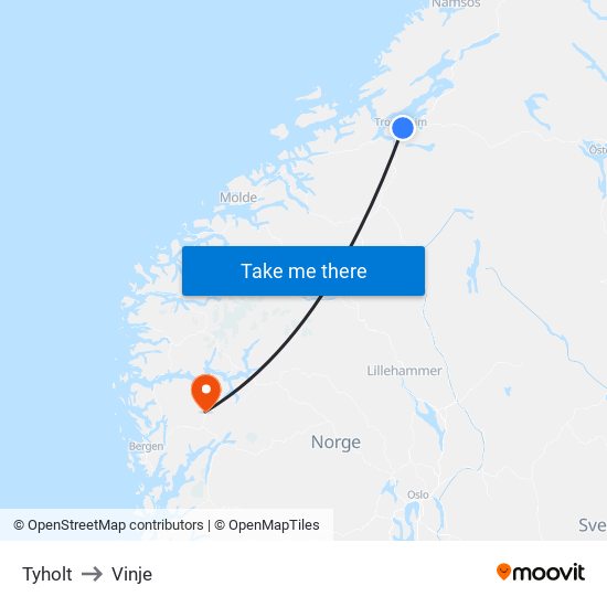 Tyholt to Vinje map