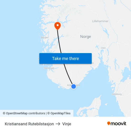 Kristiansand Rutebilstasjon to Vinje map