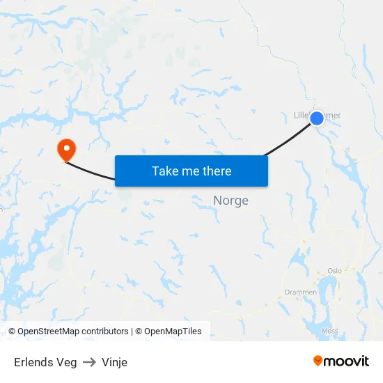 Erlends Veg to Vinje map