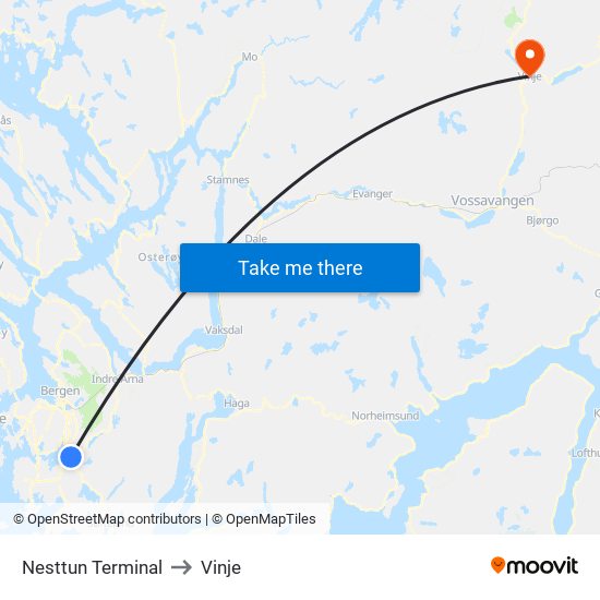 Nesttun Terminal to Vinje map