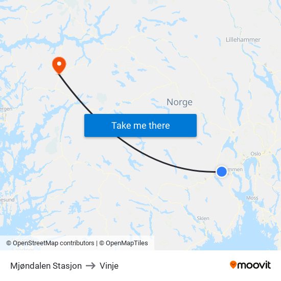 Mjøndalen Stasjon to Vinje map