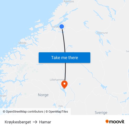 Krøykesberget to Hamar map