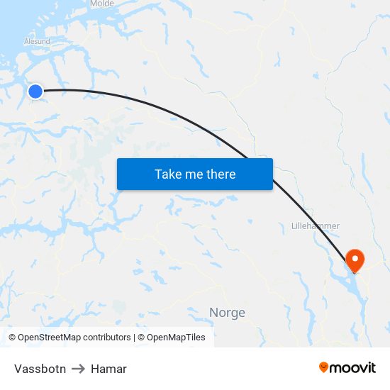 Vassbotn to Hamar map