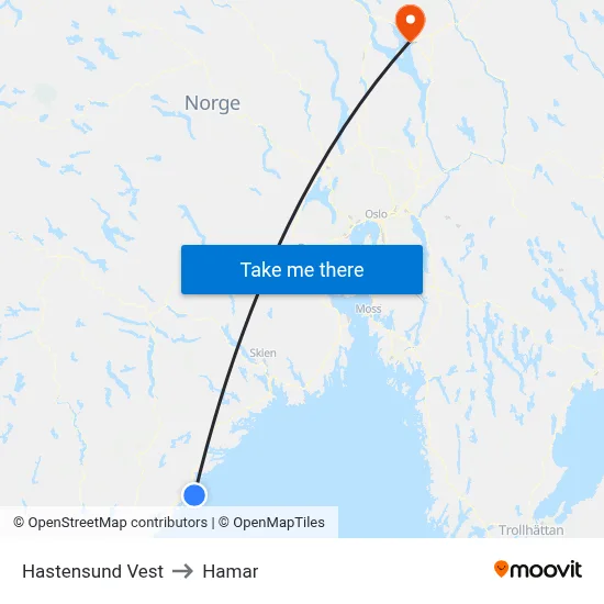 Hastensund Vest to Hamar map
