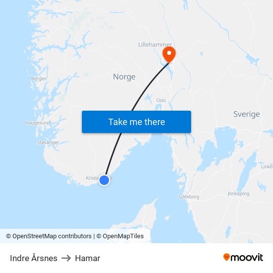 Indre Årsnes to Hamar map