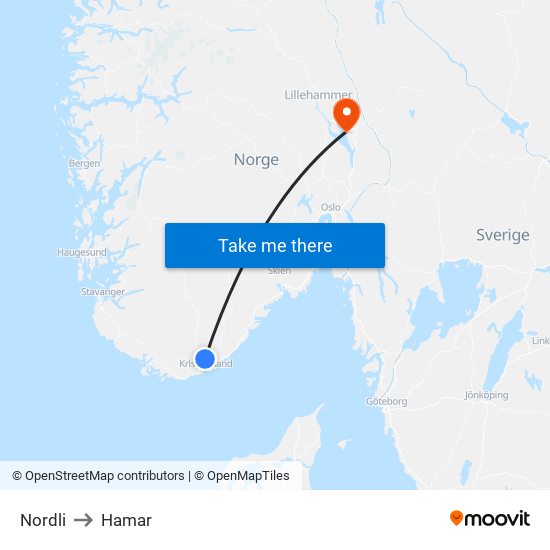 Nordli to Hamar map