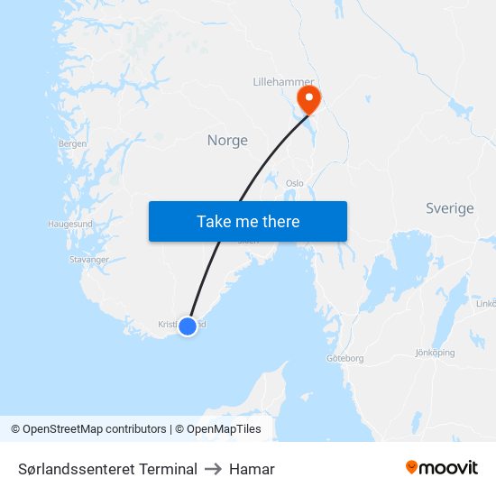Sørlandssenteret Terminal to Hamar map