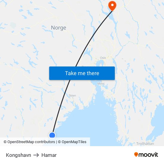 Kongshavn to Hamar map