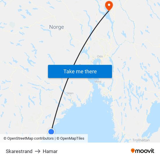 Skarestrand to Hamar map