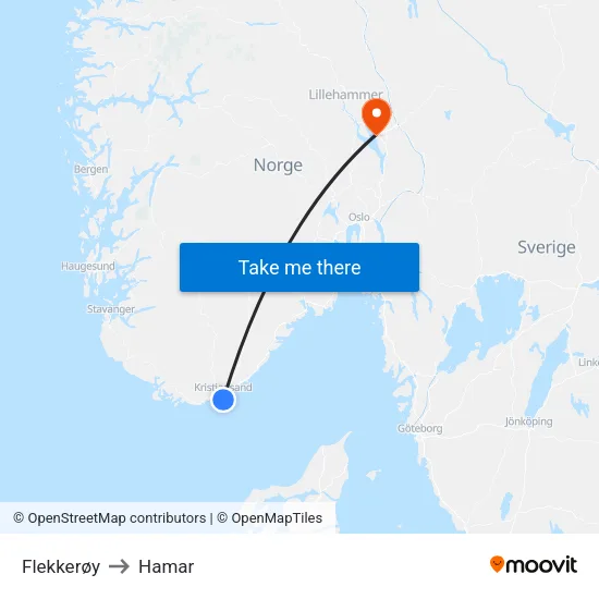 Flekkerøy to Hamar map