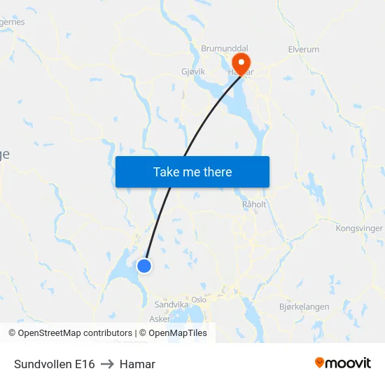 Sundvollen E16 to Hamar map