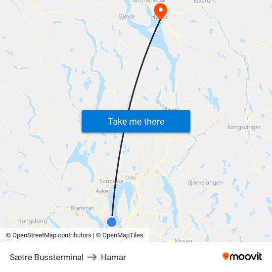 Sætre Bussterminal to Hamar map