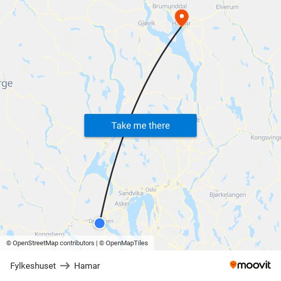 Fylkeshuset to Hamar map