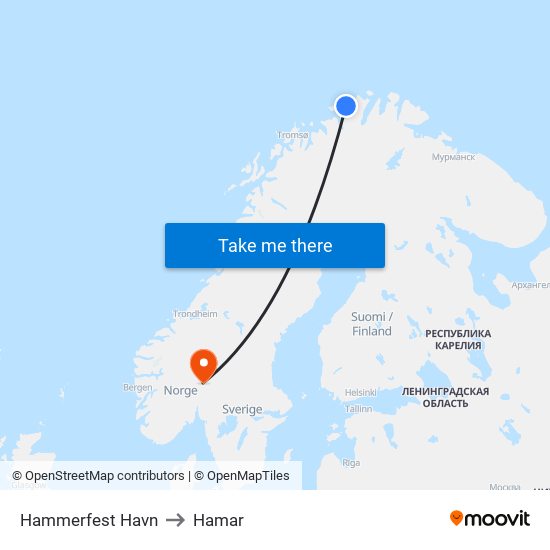 Hammerfest Havn to Hamar map