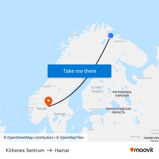 Kirkenes Sentrum to Hamar map